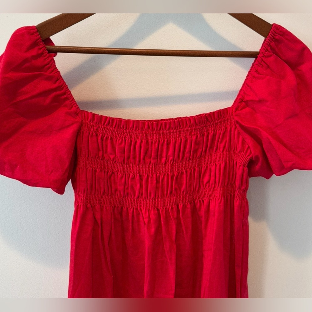 Red Smocked Maxi Dress Linen Blend Puff Sleeve Cottagecore M Kourt - Picture 6 of 6